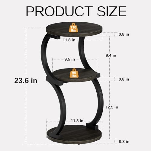 Small Side Table, 3-Tier Round End Table for Small Spaces, Charcoal Grey - Image 3