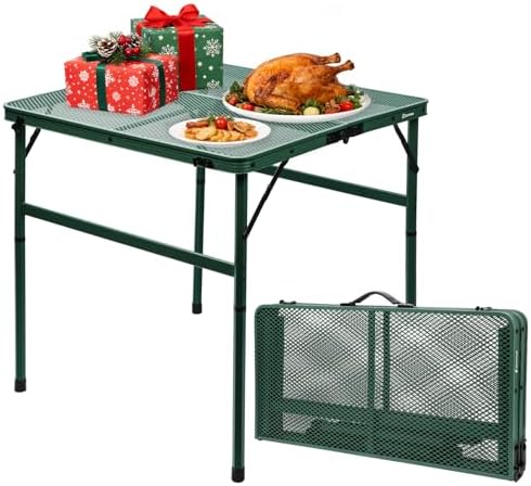Square Folding Card Table with Adjustable Height (12" & 26"), Green Portable Metal Mesh Table for Camping, BBQ, Picnic, Game, Patio & Indoor Use, Fits 2–4 People, Lightweight 7.6 lb, Supports 66 lb by EEASTSTORM