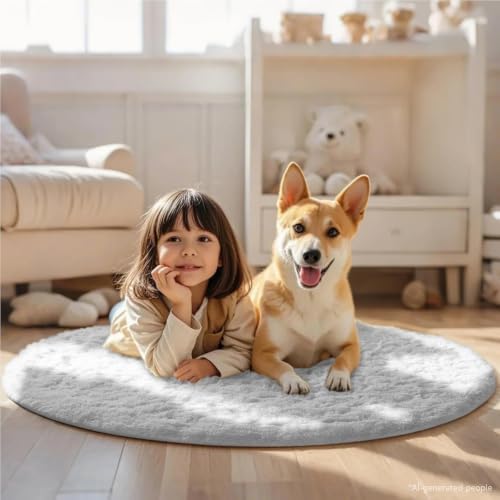 Ophanie Round Rug 4Ft White Circle Area Rug, Aesthetic Room Decor, Fluffy Fuzzy Bedroom Carpet, Plush Soft Shaggy Living Room Rugs for Kids Home, Nursery with 99 pcs Pile fibers - Image 3