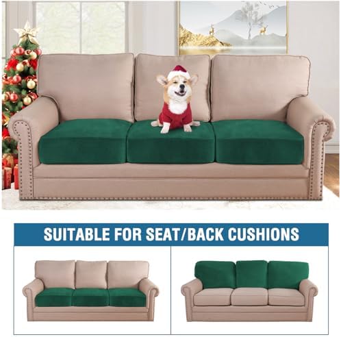 H.VERSAILTEX Velvet Stretch Couch Cushion Cover Plush Cushion Slipcover for Sofa Cushion Furniture Protector Seat Cushion Sofa Cover (3 Piece Sofa Cushion Covers, Vintage Green) - Image 3