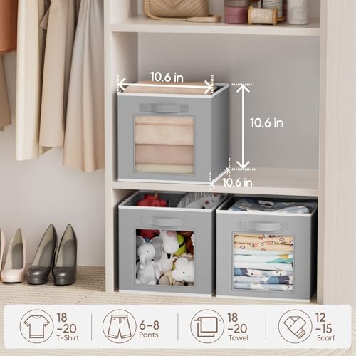 Homsorout Storage Cube 11 Inch - Cube Storage Bins with Window, Closet Storage Baskets with Handle, Fabric Bins for Closet, Shelves, Toys, Clothes, Set of 6, Grey - Image 4