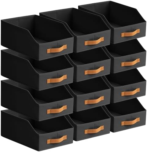 Homsorout Fabric Storage Bins for Organizing - 12 Pack Large Trapezoid Collapsible Storage Bins with Front Handle, Closet Organizers and Storage for Bedroom, Home Shelves, Small Spaces, Black by Homsorout
