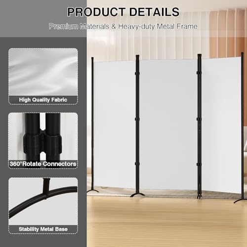 Room Divider 3-Panel Privacy Screen, Portable Screen Steel Frame with Hook&Loop for Home, Office, Classroom, Studio, Meeting (White - Image 3