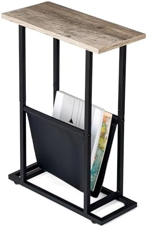 FLYJOE Narrow Side Table with PU Leather Magazine Holder Rustic Slim Little Thin Table for Living Room, Bedroom, Sofa, Grey by FLYJOE
