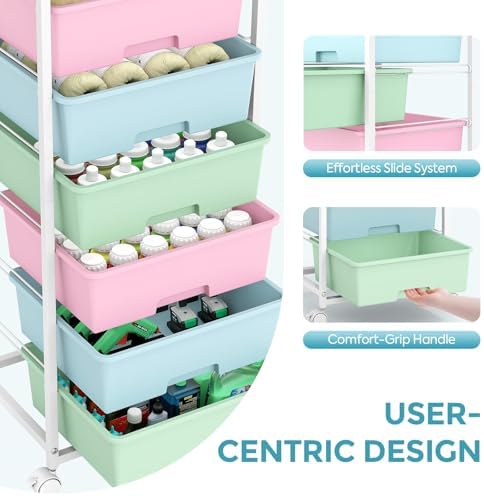 6 Drawer Rolling Storage Cart with Wooden Top and Wheels for Craft Rainbow - Image 4