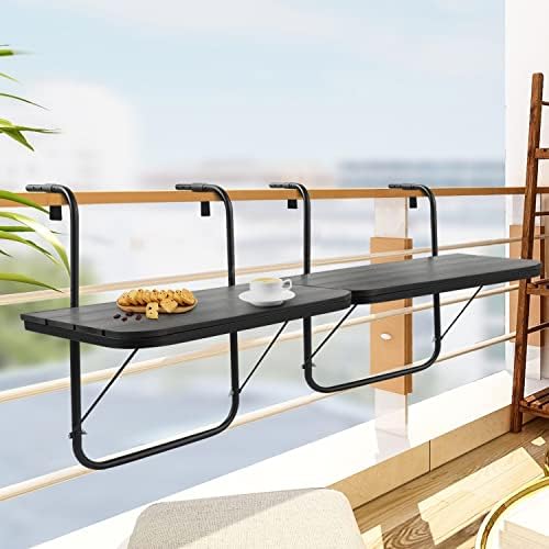 Balcony Railing Table Outdoor Hanging Folding Balcony Bar Table for Railings Patio Hanging Table on Railing Aluminium Metal Side Table Folding Adjustable 23.6"(L) x 15.7"(W) Black Set of 2 by PatioNovagarden