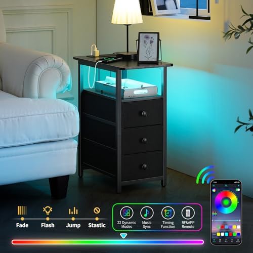 Yoobure End Table with Charging Station, LED Narrow Side Table Bedside Table, Small Night Stand End Tables Living Room, Skinny Nightstand with 3 Fabric Drawers, Side Tables Bedroom for Small Spaces - Image 4