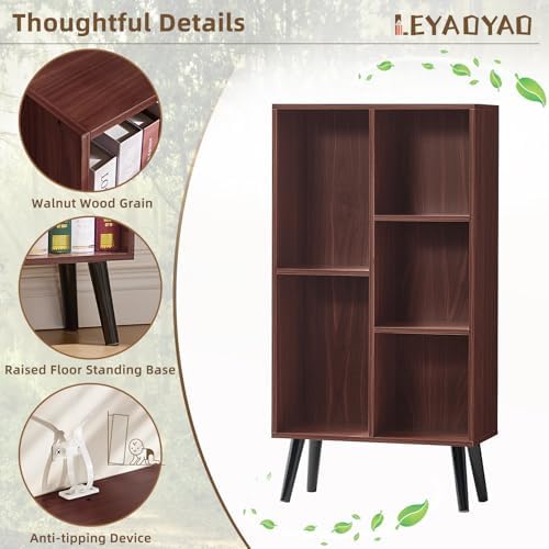 LEYAOYAO 5 Cube Bookshelf, Mid-Century Modern Book Shelf with Legs, Walnut - Image 5