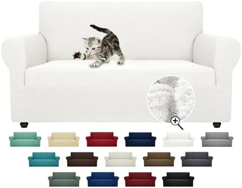 ZNSAYOTX Super Stretch Couch Cover Love Seat Sofa Covers for Living Room Dogs Pet Friendly Furniture Protector Spandex Loveseat Slipcovers with Anti Slip Foam Sticks (White, Loveseat) by ZNSAYOTX