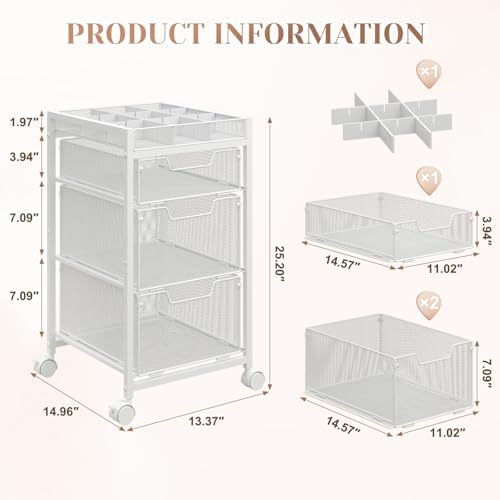 Rolling Utility Cart with 3 Drawers, Craft Organizer and Storage with DIY Divider, Lockable Wheels, Multi-Functional Storage for Art Supplies, Store for Brushes & Paints & Artifacts,White - Image 5