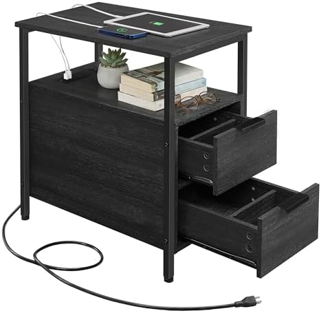 VASAGLE Side End Table with Charging Station, Slim Nightstand with Storage by Unknown