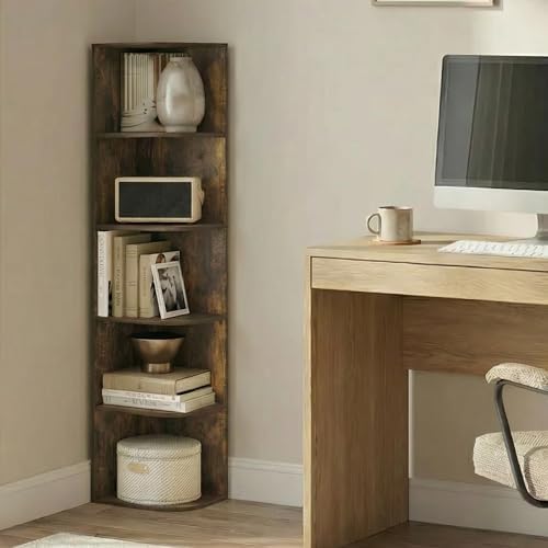 Furinno PASIR Book Shelf, 5-Tier Corner Bookshelf with Open Shelf, Standing Bookcase, 9.3 x 12 x 51.7, for Organization and Storage, for Living Room, Bedroom, Home Office, Amber Pine - Image 2