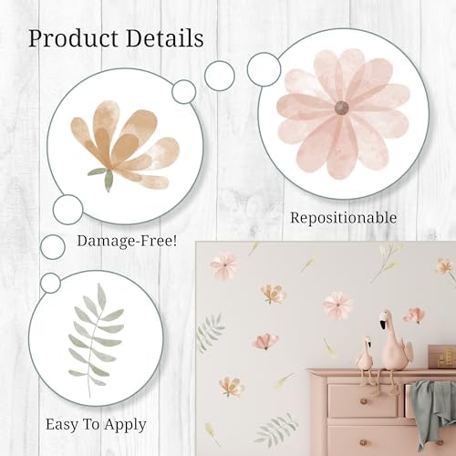 Watercolor Flower Wall Decals - Set of 16 Vinyl Flower Room Decor Peel and Stick Removable Floral Stickers for Nursery Bedroom Bathroom - Image 2