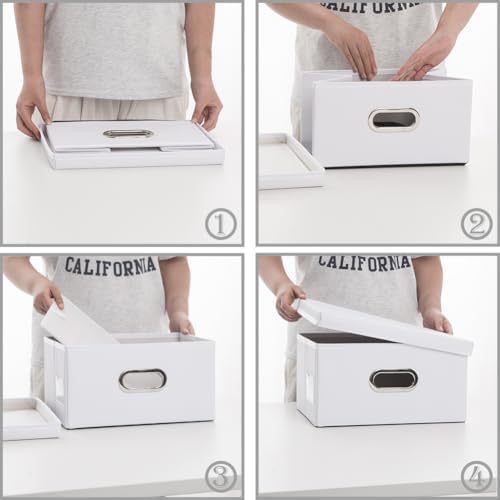 PRANDOM Collapsible Storage Box with Lid [3-Pack] Leather Fabric Foldable Storage Bin Organizer Container Basket Cube with Cover for Home Bedroom Closet Office Nursery White(13.6x9.6x6.9) - Image 4