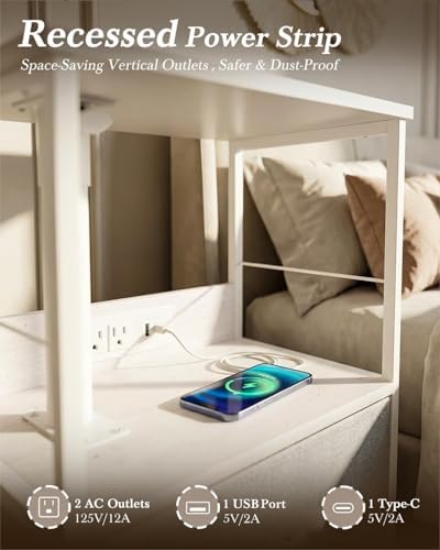 Faesun Swivel Lift Top Nightstand with Charging Station, Rolling Side Table for Recliner, Bedside Table with Wheels & a Fabric Drawer, for Small Spaces, for Bedroom, Living Room, White Gray - Image 4