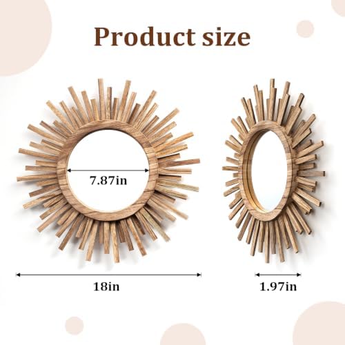 18 Inch Boho Sunburst Mirror, Round Wooden Wall Decor Starburst Sun Mirror for Bedroom, Living Room, Bathroom, Hallway, Balcony, Farmhouse Entryway, Housewarming Gift（Rustic Brown - Image 3