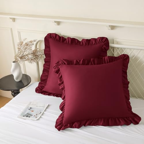 KKJIAF 2 Pack Ruffle Pillow Cases 22x22 Inches, Burgundy by KKJIAF