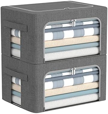 Clothes Storage Bins Box - Linen Fabric Foldable Stackable Container Organizer Set with Clear Window & Carry Handles & Metal Frame - 2Pack Large Capacity for Bedding, Blankets, Books by CYhom