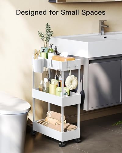 Pipishell 3 Tier Slim Storage Cart with Wheels, Bathroom Cart, White - Image 3