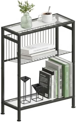 Glass Side Table, Tempered Glass End Table, 3-Tier Narrow Side Table with Magazine Holder, Small Nightstand with Modern Style, Skinny Snack Table in Living Room, Bedroom Study and Balcony, Black by HOME