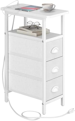 Sthmec End Table with Charging Station,Narrow Side Tables with USB Ports and Outlets,Skinny Bedside Tables with 3 Drawers,Small Tables Nightstands for Small Space,Slim Sofa Table for Livingroom, White by Unknown