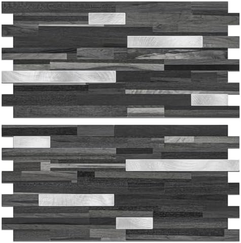 STICKGOO 2 Sheets Peel and Stick Backsplash Tile, Stick on Backsplash for Kitchen and Bathroom, Black Grey Wood Look PVC Mixed Metal Silver Self Adhesive Wall Tiles by STICKGOO