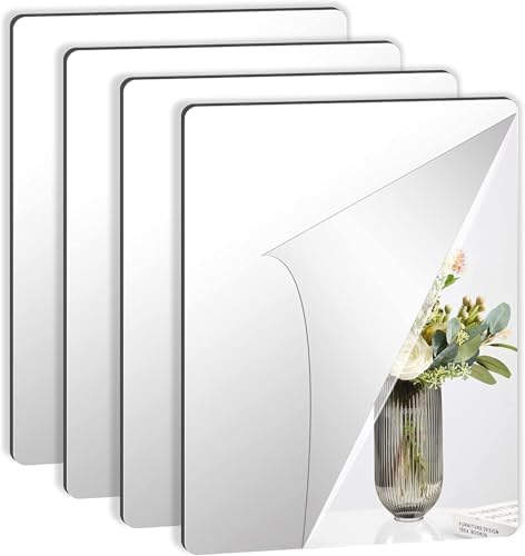 JUNEBRUSHS 4 Pack Self Adhesive Acrylic Mirrors, 12x 16 Inch Mirrors Tiles,Flexible Plastic Sheets Wall Stickers,2MM Thick Mirror,Frameless Small Mirror by JUNEBRUSHS