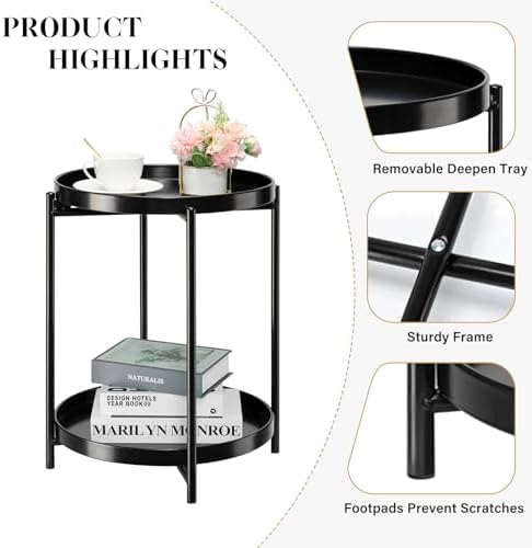 danpinera 2-Tier Round Side Table, Metal End Table with Removable Tray, Small Outdoor Table Accent Table, Anti-Rust Black Nightstand for Bedroom Balcony Patio (Black) - Image 5