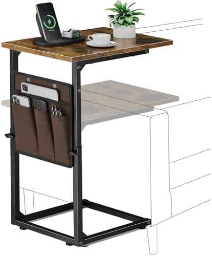 Vagusicc C-Shaped End Table, Small Side Table for Couch, Sofa Table Adjustable Height End Tables Living Room, Bedside Slide Under Couch Table for Sofa, TV Tray Table with Metal Frame for Bedroom,Brown by Vagusicc
