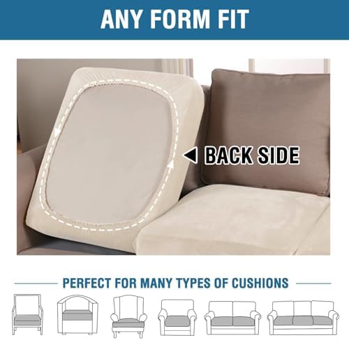 H.VERSAILTEX Velvet Stretch Couch Cushion Cover Plush Cushion Slipcover for Chair Loveseat Sofa Cushion Furniture Protector Seat Cushion Sofa Cover (3 Piece Sofa Cushion Covers, Cream) - Image 5