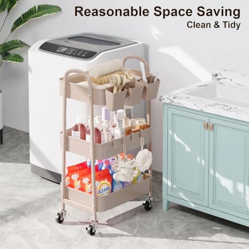 3 Tier Khaki Metal Utility Rolling Cart, Storage Cart with Lockable Wheels - Image 3