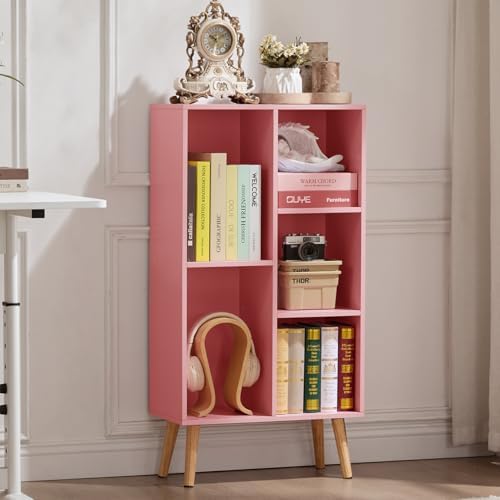 LEYAOYAO 5 Cube Bookshelf,Mid-Century Modern Bookcase with Legs,Light Pink - Image 3