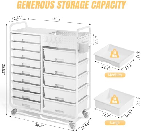 14 Drawer Rolling Storage Cart with Tabletop and Pegboard for Crafts White - Image 3