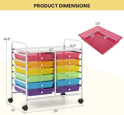 Giantex 12 Drawers Rolling Cart, Mobile Storage Drawer Cart, Classroom Organizer Cart for Office School Supplies Tools Scrapbook Paper Craft Small Printer, Utility Cart on Wheels, Rainbow - Image 3