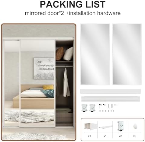 JUBEST Mirrored Closet Door 72 x 80, One Side Mirror Door with Top & Bottom Track Kits, Full Length White Steel Frame Sliding Mirror Closet Door, Easy to Install - Image 4