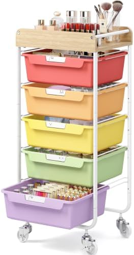 SYKIARIOL Utility Cart with 5 Labeling Drawers and Wooden Tabletop by SYKIARIOL