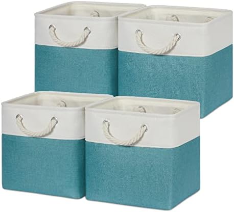 Temary Cubes Storage Baskets 11 Inch Cube Storage Bins 4 Pack Fabric Baskets for Gift Empty Teal Storage Bins for Shelves, Collapsible Fabric Storage Cubes Basket for Storage (White&Teal) by TEMARY