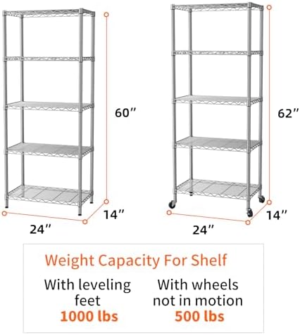 SINGAYE 5 Shelves Storage Wire Shelf Closet Metal Shelving Pantry Wheels - Image 3
