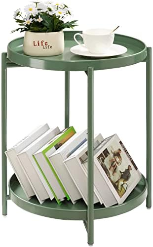 TeoKJ 2 Tier Green Side Table, Folding Round Metal End Table Small Nightstand with Two Removable Tray for Bedroom Living Room Bedside Small Spaces Dark Green by TeoKJ