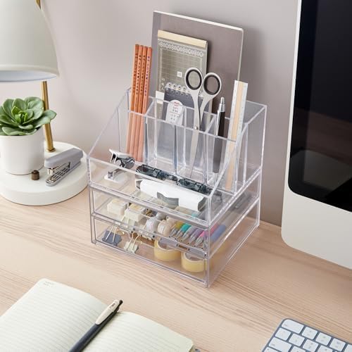STORi Stackable Desk and Drawer Organizer, Clear Pen Pencil Makeup Brush Holder for Desktops and Vanities, 6 Compartment Caddy with 2 Wide Drawers (Made in USA) - Image 4