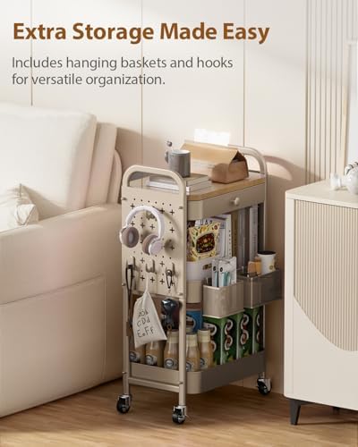 ALVOROG 3 Tier Metal Rolling Cart with Drawer,Wood Top,Pegboards,Khaki - Image 4