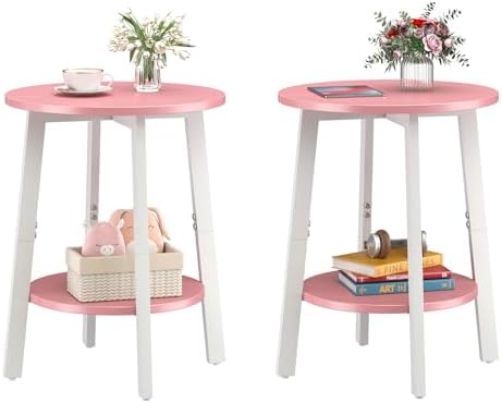 sthmec Side Table Set of 2, Small Round End Table with Storage Shelf for Small Space, 2-Tier Bedside Table Sofa Couch Table, Nighstands Set of 2 Accent Table for Living Room, Bedroom, Pink by Unknown