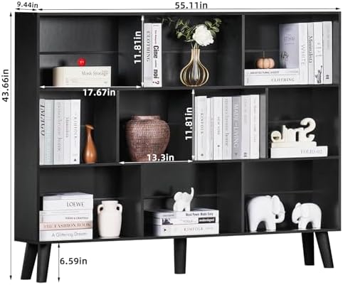 YAHARBO 10 Cube Large Bookshelf,3 Tier Bookcase with Legs,Black Mid-Century Modern Bookshelves,Wide Free Standing Open Storage Organizer Shelf,Tall Wooden Book Case Furniture for Living Room,Office - Image 3