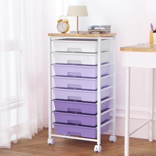 Rolling Cart with 8 Drawers, Storage Drawers Cart with Wooden Tabletop and Lockable Wheels, Craft Storage for Living Room, Office, Classroom, Craft Room, Bedroom (Purple) by Unknown