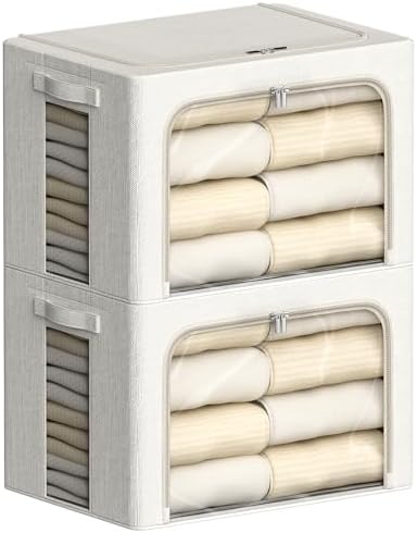 FHSQX 2 Pack Clear Window Storage Bins Large Stackable Linen Fabric Storage for Clothes Foldable Container Organizer Set with Carrying Handles (Lvory White, 19.7x 15.7x 12.6 Inch) by FHSQX