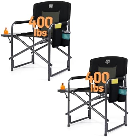 TIMBER RIDGE Aluminum Oversized Camping Chair, Lightweight Portable Directors Chair with Side Table Detachable Side Pocket for Outdoor Camping, Lawn, Picnic, Support 400lbs Black 2 Pack by TIMBERRIDGE