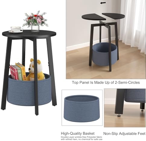 sthmec Small Round Side End Table Set of 2 with Cloth Storage Basket, Round Bedside Sofa Couch Coffee Tables for Small Places with Metal Frame, Modern Nighstands for Living Room Bedroom,Black - Image 7
