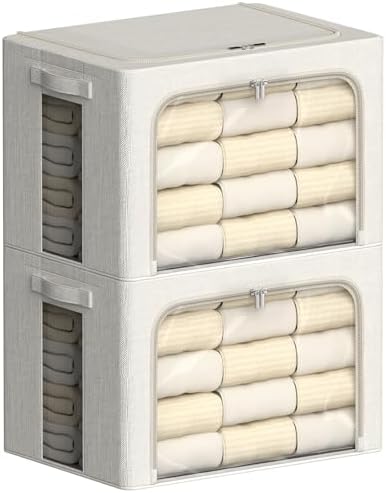 FHSQX 2 Pack Clear Window Storage Bins Large Stackable Linen Fabric Storage for Clothes Foldable Container Organizer Set with Carrying Handles (Lvory White, 23.6x 16.5x 15.7 Inch) by FHSQX