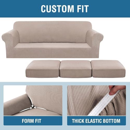 H.VERSAILTEX 4 Piece Stretch Sofa Covers for 3 Cushion Couch Covers for Living Room Furniture Slipcovers (Base Cover Plus 3 Seat Cushion Covers) Thicker Jacquard Fabric (Large Sofa, Sand) - Image 4