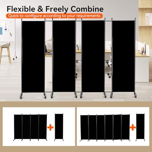 88" W 4 Panel Room Divider, Portable Privacy Screen W/Wheels Freestanding - Image 3